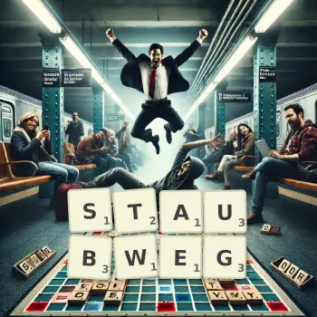 Kreative Illustration für ein Scrabble-Spiel, bei dem das Wort STAUBWEG mit Steinen auf dem Brett gelegt wurde.