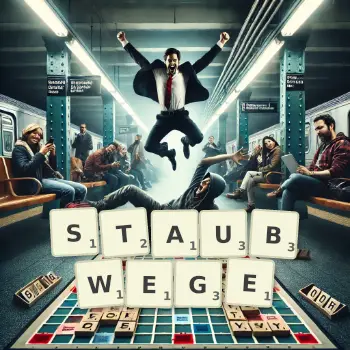 Kreative Illustration für ein Scrabble-Spiel, bei dem das Wort STAUBWEGE mit Steinen auf dem Brett gelegt wurde.