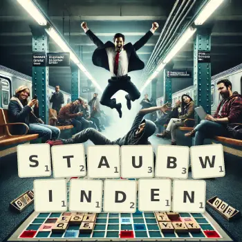 Kreative Illustration für ein Scrabble-Spiel, bei dem das Wort STAUBWINDEN mit Steinen auf dem Brett gelegt wurde.