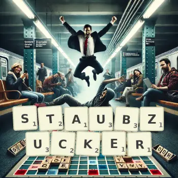 Kreative Illustration für ein Scrabble-Spiel, bei dem das Wort STAUBZUCKER mit Steinen auf dem Brett gelegt wurde.