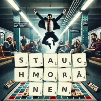 Kreative Illustration für ein Scrabble-Spiel, bei dem das Wort STAUCHMORÄNEN mit Steinen auf dem Brett gelegt wurde.