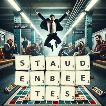 Kreative Illustration für ein Scrabble-Spiel, bei dem das Wort STAUDENBEETES mit Steinen auf dem Brett gelegt wurde.