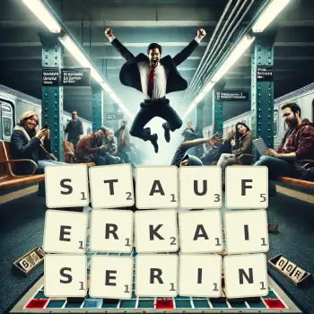 Kreative Illustration für ein Scrabble-Spiel, bei dem das Wort STAUFERKAISERIN mit Steinen auf dem Brett gelegt wurde.