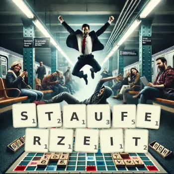 Kreative Illustration für ein Scrabble-Spiel, bei dem das Wort STAUFERZEIT mit Steinen auf dem Brett gelegt wurde.