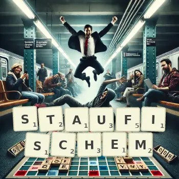 Kreative Illustration für ein Scrabble-Spiel, bei dem das Wort STAUFISCHEM mit Steinen auf dem Brett gelegt wurde.