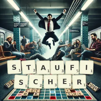 Kreative Illustration für ein Scrabble-Spiel, bei dem das Wort STAUFISCHER mit Steinen auf dem Brett gelegt wurde.