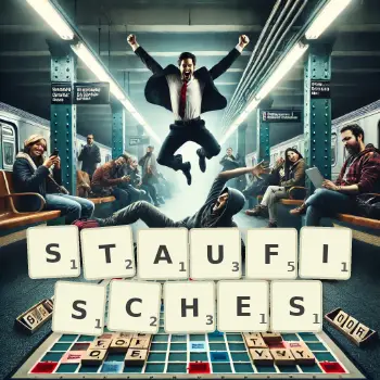 Kreative Illustration für ein Scrabble-Spiel, bei dem das Wort STAUFISCHES mit Steinen auf dem Brett gelegt wurde.