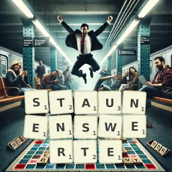 Kreative Illustration für ein Scrabble-Spiel, bei dem das Wort STAUNENSWERTE mit Steinen auf dem Brett gelegt wurde.