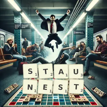 Kreative Illustration für ein Scrabble-Spiel, bei dem das Wort STAUNEST mit Steinen auf dem Brett gelegt wurde.