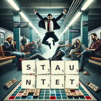 Kreative Illustration für ein Scrabble-Spiel, bei dem das Wort STAUNTET mit Steinen auf dem Brett gelegt wurde.