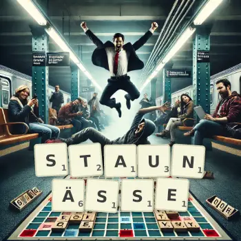 Kreative Illustration für ein Scrabble-Spiel, bei dem das Wort STAUNÄSSE mit Steinen auf dem Brett gelegt wurde.