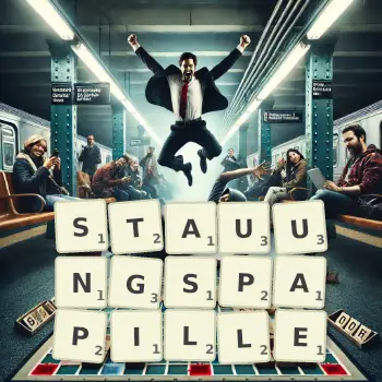Kreative Illustration für ein Scrabble-Spiel, bei dem das Wort STAUUNGSPAPILLE mit Steinen auf dem Brett gelegt wurde.
