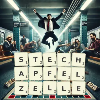 Kreative Illustration für ein Scrabble-Spiel, bei dem das Wort STECHAPFELZELLE mit Steinen auf dem Brett gelegt wurde.