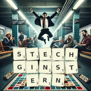 Kreative Illustration für ein Scrabble-Spiel, bei dem das Wort STECHGINSTERN mit Steinen auf dem Brett gelegt wurde.