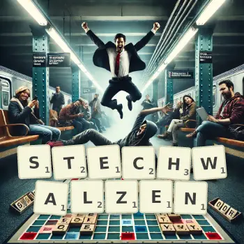 Kreative Illustration für ein Scrabble-Spiel, bei dem das Wort STECHWALZEN mit Steinen auf dem Brett gelegt wurde.