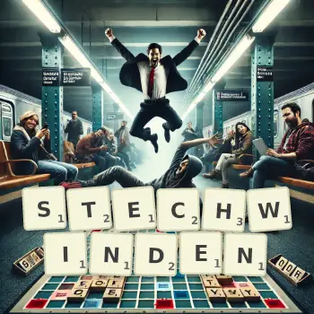 Kreative Illustration für ein Scrabble-Spiel, bei dem das Wort STECHWINDEN mit Steinen auf dem Brett gelegt wurde.