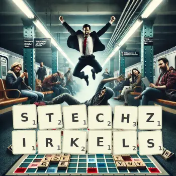 Kreative Illustration für ein Scrabble-Spiel, bei dem das Wort STECHZIRKELS mit Steinen auf dem Brett gelegt wurde.