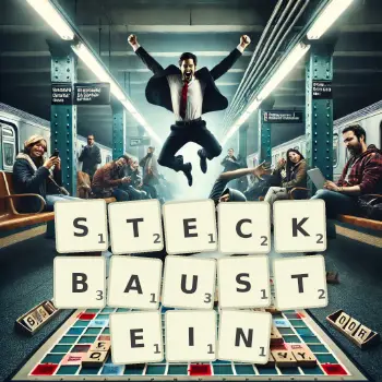 Kreative Illustration für ein Scrabble-Spiel, bei dem das Wort STECKBAUSTEIN mit Steinen auf dem Brett gelegt wurde.