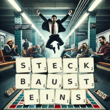 Kreative Illustration für ein Scrabble-Spiel, bei dem das Wort STECKBAUSTEINS mit Steinen auf dem Brett gelegt wurde.