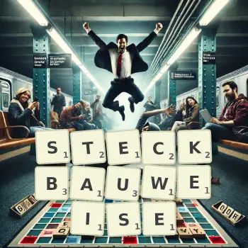 Kreative Illustration für ein Scrabble-Spiel, bei dem das Wort STECKBAUWEISE mit Steinen auf dem Brett gelegt wurde.