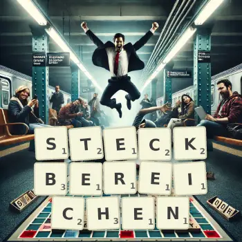 Kreative Illustration für ein Scrabble-Spiel, bei dem das Wort STECKBEREICHEN mit Steinen auf dem Brett gelegt wurde.