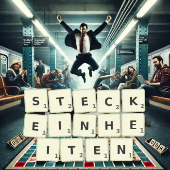 Kreative Illustration für ein Scrabble-Spiel, bei dem das Wort STECKEINHEITEN mit Steinen auf dem Brett gelegt wurde.