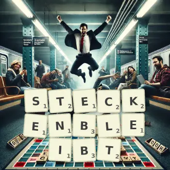 Kreative Illustration für ein Scrabble-Spiel, bei dem das Wort STECKENBLEIBT mit Steinen auf dem Brett gelegt wurde.