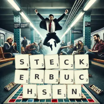 Kreative Illustration für ein Scrabble-Spiel, bei dem das Wort STECKERBUCHSEN mit Steinen auf dem Brett gelegt wurde.