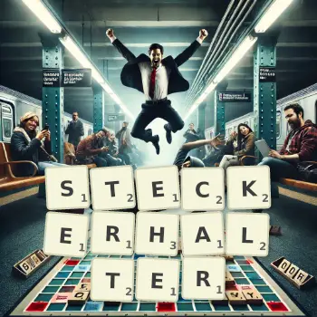 Kreative Illustration für ein Scrabble-Spiel, bei dem das Wort STECKERHALTER mit Steinen auf dem Brett gelegt wurde.