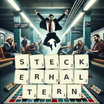 Kreative Illustration für ein Scrabble-Spiel, bei dem das Wort STECKERHALTERN mit Steinen auf dem Brett gelegt wurde.