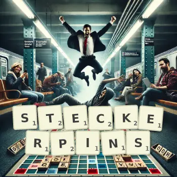 Kreative Illustration für ein Scrabble-Spiel, bei dem das Wort STECKERPINS mit Steinen auf dem Brett gelegt wurde.