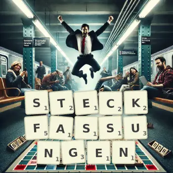 Kreative Illustration für ein Scrabble-Spiel, bei dem das Wort STECKFASSUNGEN mit Steinen auf dem Brett gelegt wurde.