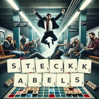 Kreative Illustration für ein Scrabble-Spiel, bei dem das Wort STECKKABELS mit Steinen auf dem Brett gelegt wurde.