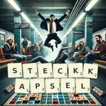 Kreative Illustration für ein Scrabble-Spiel, bei dem das Wort STECKKAPSEL mit Steinen auf dem Brett gelegt wurde.
