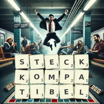 Kreative Illustration für ein Scrabble-Spiel, bei dem das Wort STECKKOMPATIBEL mit Steinen auf dem Brett gelegt wurde.