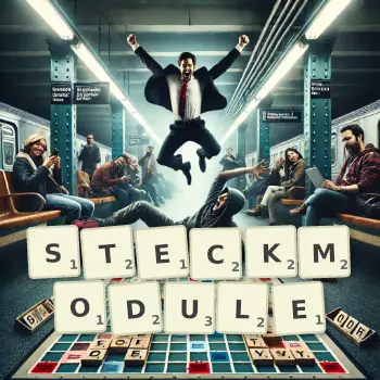 Kreative Illustration für ein Scrabble-Spiel, bei dem das Wort STECKMODULE mit Steinen auf dem Brett gelegt wurde.