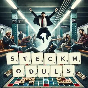 Kreative Illustration für ein Scrabble-Spiel, bei dem das Wort STECKMODULS mit Steinen auf dem Brett gelegt wurde.