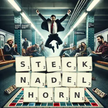 Kreative Illustration für ein Scrabble-Spiel, bei dem das Wort STECKNADELHORN mit Steinen auf dem Brett gelegt wurde.