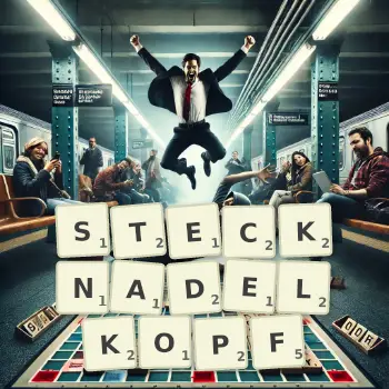 Kreative Illustration für ein Scrabble-Spiel, bei dem das Wort STECKNADELKOPF mit Steinen auf dem Brett gelegt wurde.
