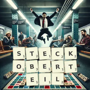 Kreative Illustration für ein Scrabble-Spiel, bei dem das Wort STECKOBERTEIL mit Steinen auf dem Brett gelegt wurde.