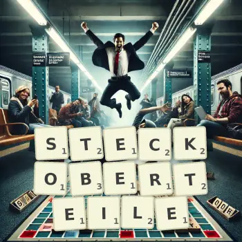 Kreative Illustration für ein Scrabble-Spiel, bei dem das Wort STECKOBERTEILE mit Steinen auf dem Brett gelegt wurde.