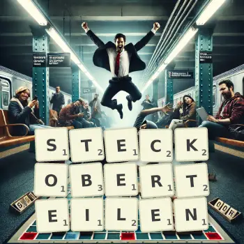 Kreative Illustration für ein Scrabble-Spiel, bei dem das Wort STECKOBERTEILEN mit Steinen auf dem Brett gelegt wurde.