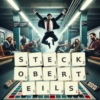 Kreative Illustration für ein Scrabble-Spiel, bei dem das Wort STECKOBERTEILS mit Steinen auf dem Brett gelegt wurde.