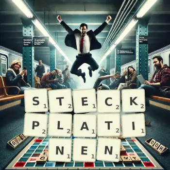 Kreative Illustration für ein Scrabble-Spiel, bei dem das Wort STECKPLATINEN mit Steinen auf dem Brett gelegt wurde.