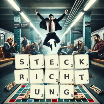Kreative Illustration für ein Scrabble-Spiel, bei dem das Wort STECKRICHTUNG mit Steinen auf dem Brett gelegt wurde.