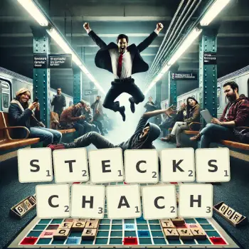 Kreative Illustration für ein Scrabble-Spiel, bei dem das Wort STECKSCHACH mit Steinen auf dem Brett gelegt wurde.