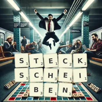 Kreative Illustration für ein Scrabble-Spiel, bei dem das Wort STECKSCHEIBEN mit Steinen auf dem Brett gelegt wurde.