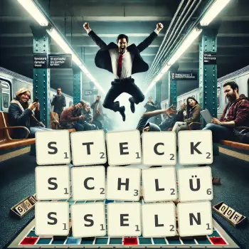 Kreative Illustration für ein Scrabble-Spiel, bei dem das Wort STECKSCHLÜSSELN mit Steinen auf dem Brett gelegt wurde.