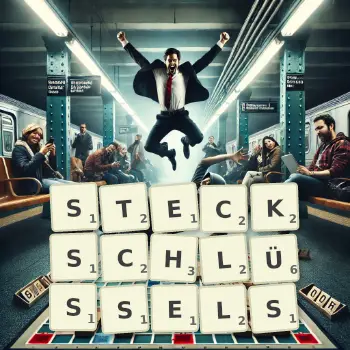 Kreative Illustration für ein Scrabble-Spiel, bei dem das Wort STECKSCHLÜSSELS mit Steinen auf dem Brett gelegt wurde.
