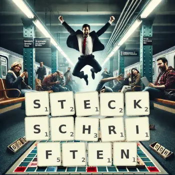 Kreative Illustration für ein Scrabble-Spiel, bei dem das Wort STECKSCHRIFTEN mit Steinen auf dem Brett gelegt wurde.